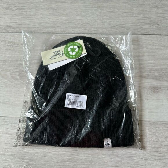 PENGUIN RECYCLED POLYESTER BEANIE SIZE OS IN CAVIAR/BLACK NWT and in packaging - Picture 2 of 4